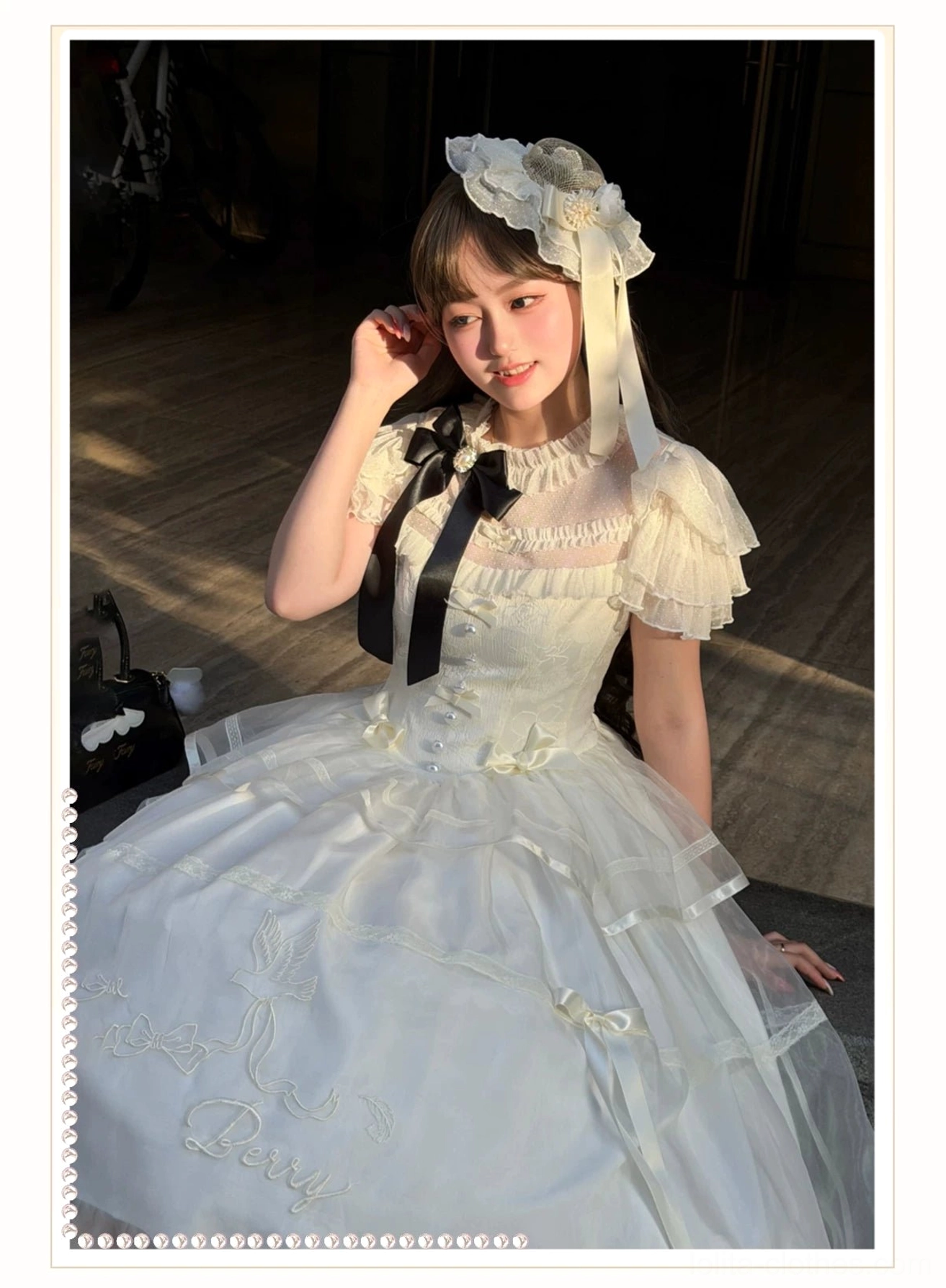 Milky apricot classic lolita OP dress waist detail showing V-shaped cut, subtle jacquard pattern, and structured bodice support for elegant silhouette