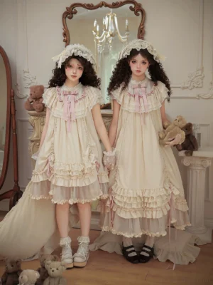 Classic lolita one-piece dress with rose jacquard pattern and pink ribbon neckline bow, front full-body view on two models wearing matching beige lolita OP dresses with ruffled tulle collars and lace bonnets in vintage bedroom setting