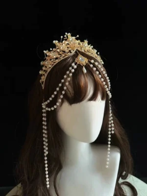 Classic Lolita ornate metal crown headdress with carved gold details, multi-layer hanging pearl chains, and gemstone inlay pendant