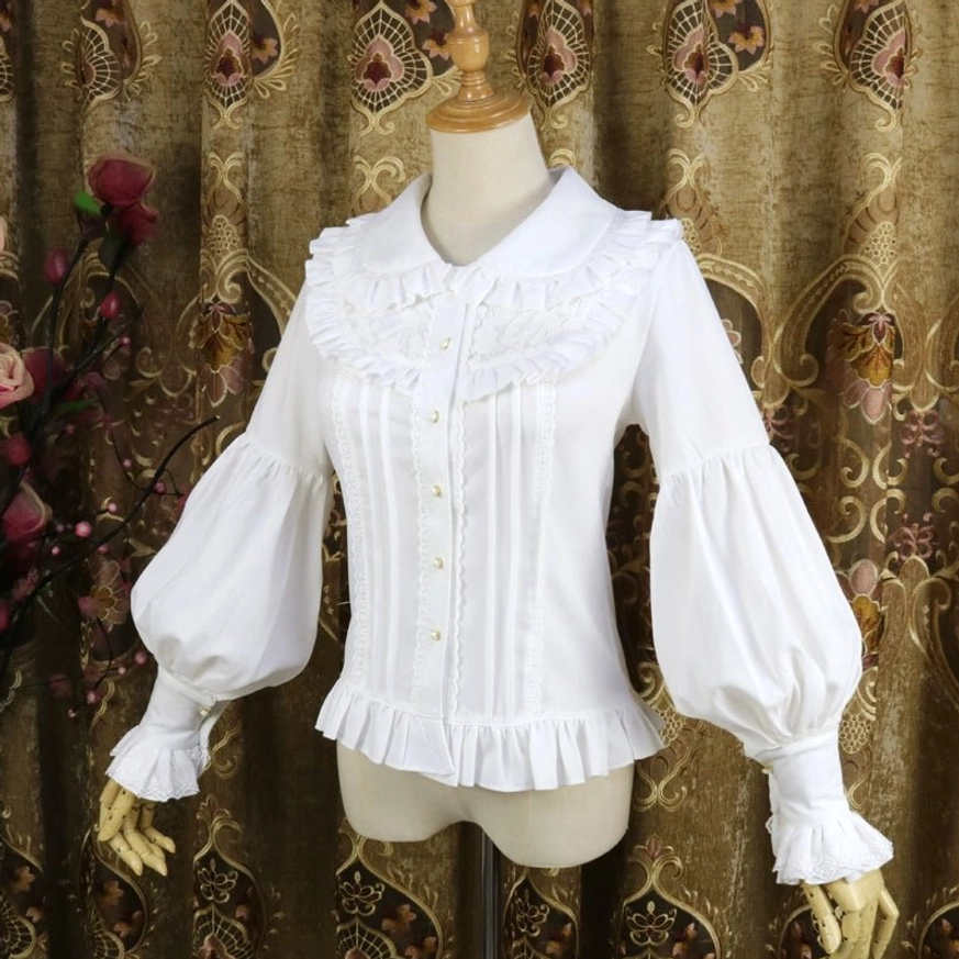 Classic Lolita Peter Pan collar blouse with vertical front pleats, ruffled cuffs and hem trim, detailed front view on dress form