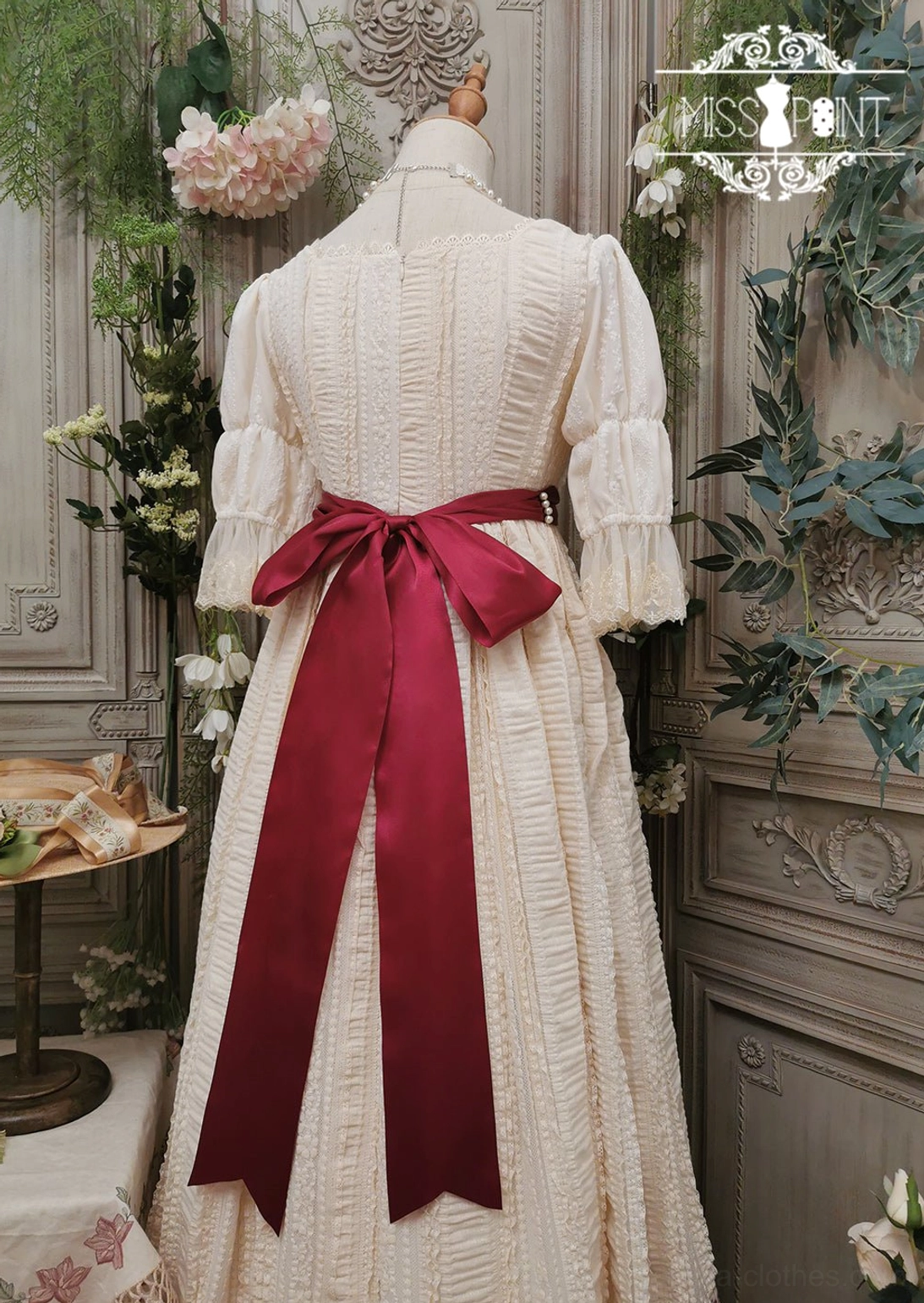 Classic lolita ribbon belt with pearl embellishments and woven floral details displaying vintage retro aesthetic appeal