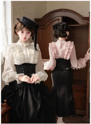 Front and back view of classic ruffled lolita blouse in wardrobe indoor setting, model displaying white blouse with delicate stand collar, ruffled front placket and voluminous lantern sleeves paired with black skirt