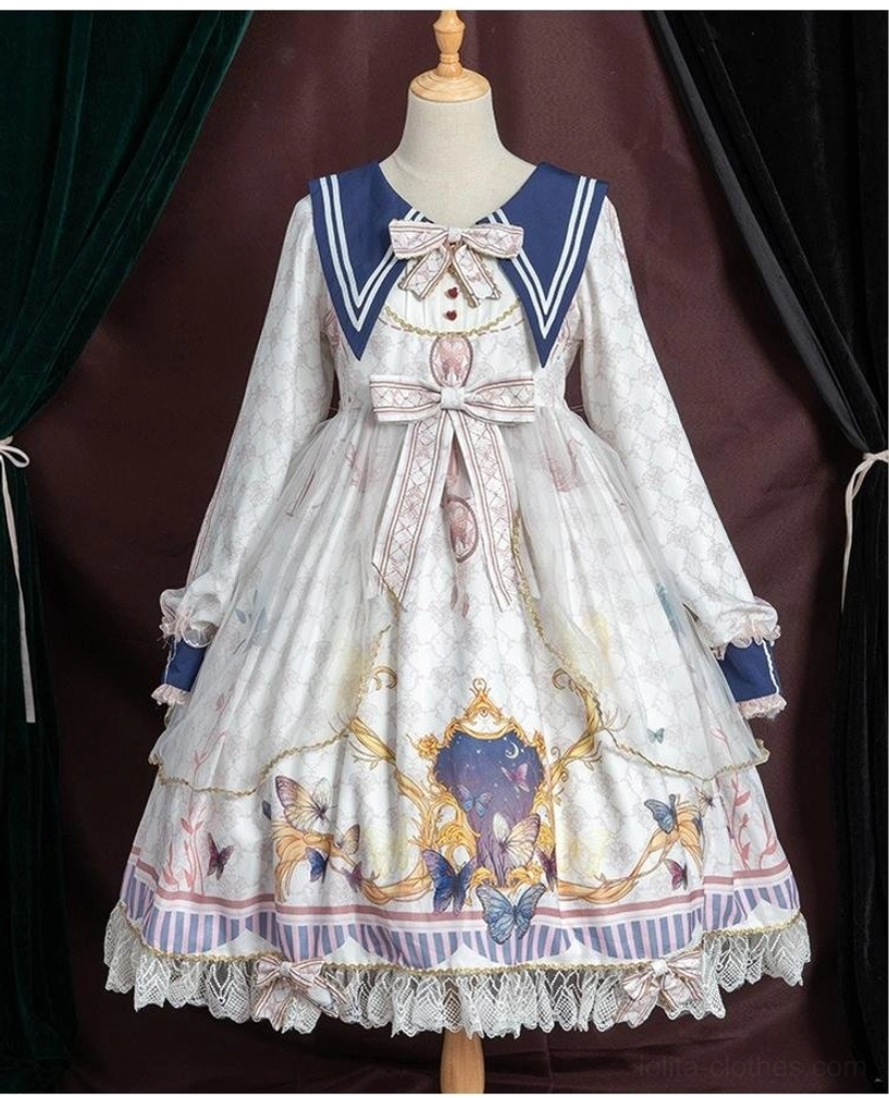 Classic lolita sailor collar op dress size chart display, measurements in centimeters and inches, all five sizes s m l xl xxl specifications