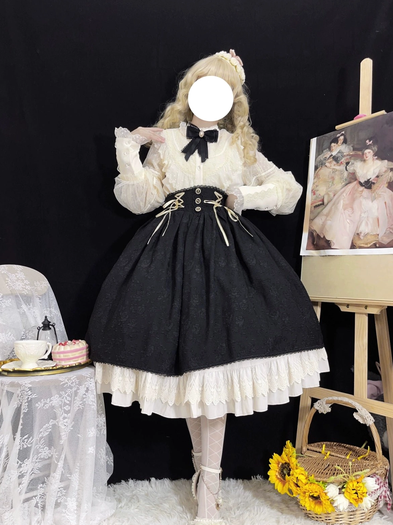 Classic retro Lolita two-piece set front three-quarter view sheer ruffled blouse cuffs black bow tie high-waisted skirt decorative waist buttons elegant