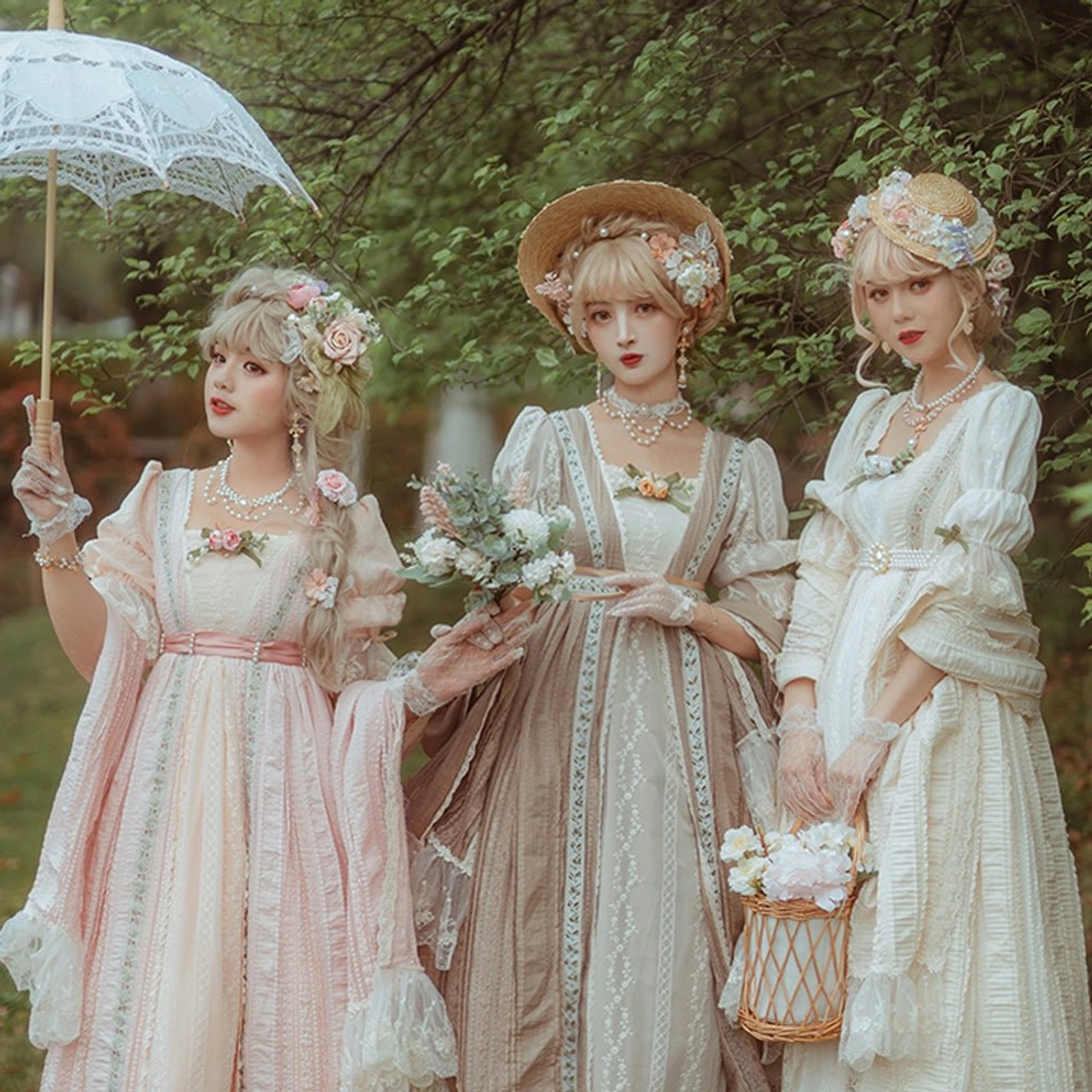 Classic lolita fashion coordination featuring Sally's Garden lace shawls styled with romantic lolita dresses in outdoor garden setting