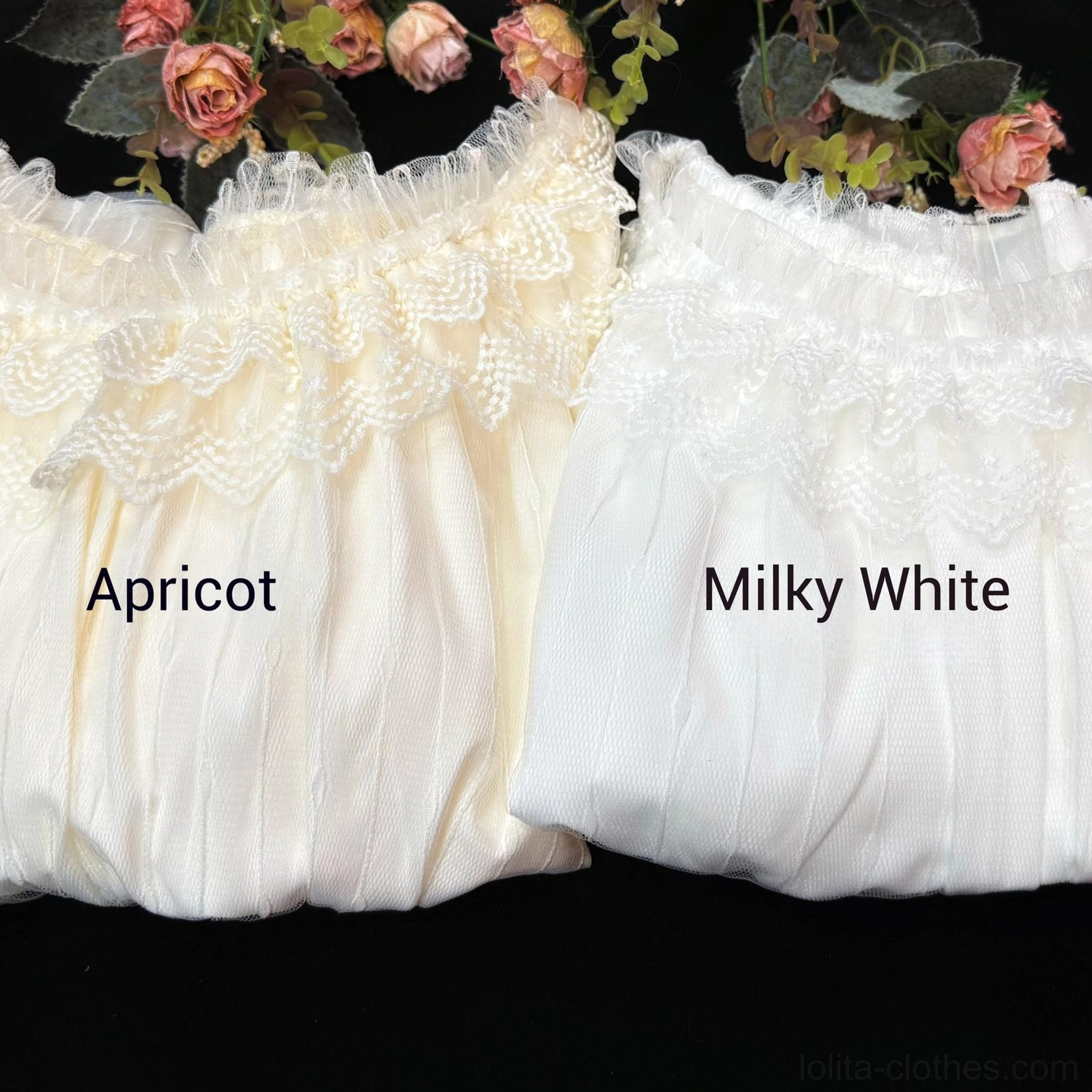 Classic Lolita short-sleeve chiffon blouse with adjustable drawstring waist, puff sleeves with lace trim, and ruffled hem in versatile colors for elegant coordinates