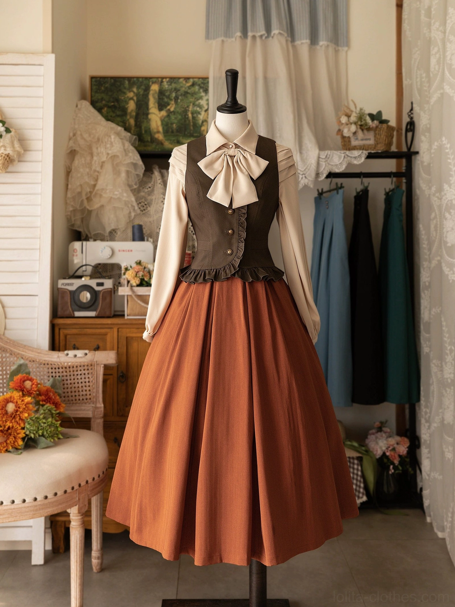 Classic lolita high-waisted pleated skirt burnt orange color with brown waistcoat victorian-style outfit display