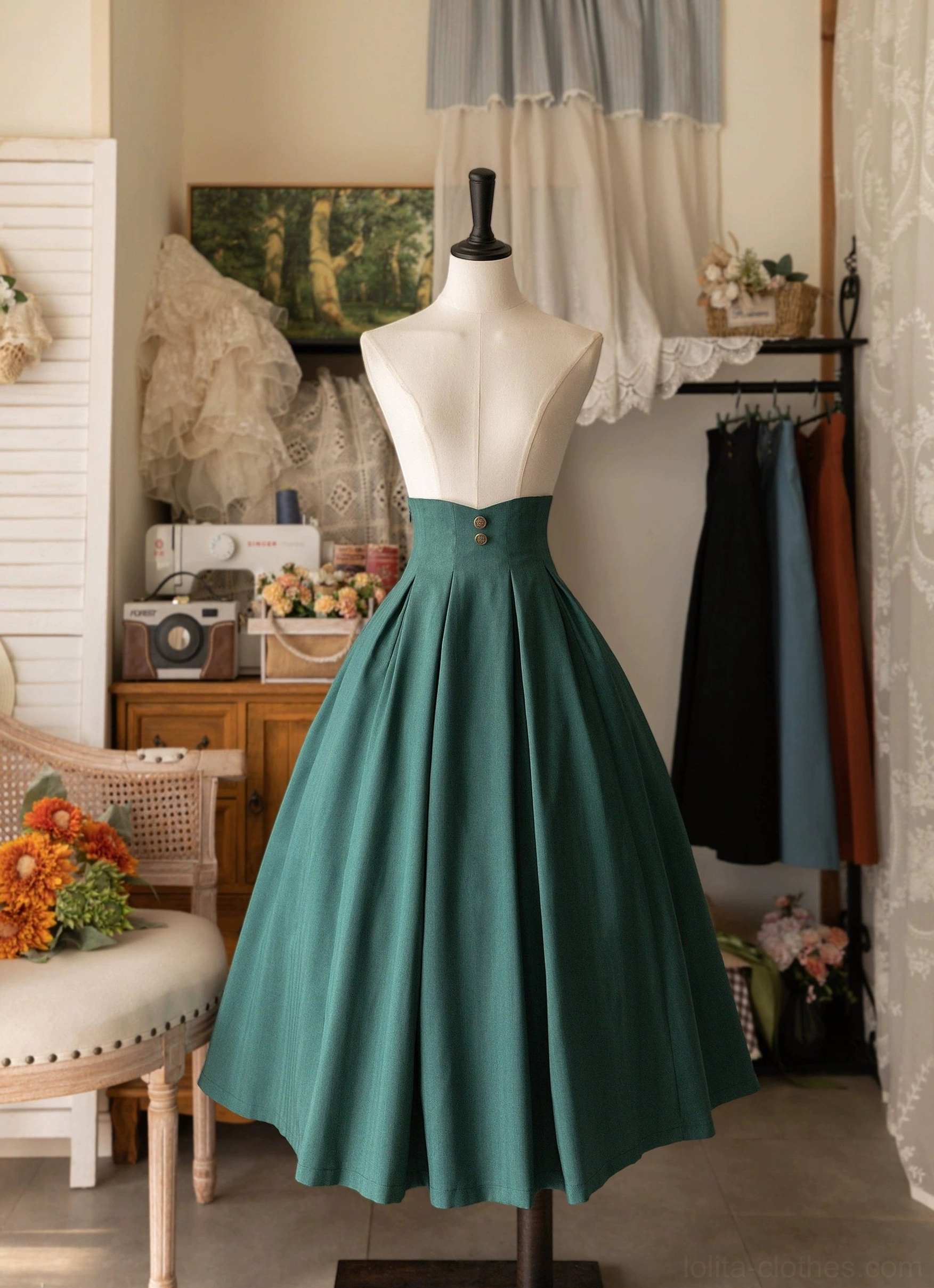 Classic lolita high-waisted teal aqua pleated midi skirt A-line cut single waistband button detail
