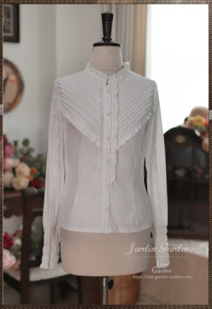 Classic lolita stand collar blouse front view white color mannequin display victorian ruffled neckline accordion pleats mutton sleeves