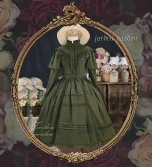 Classic Lolita stand collar OP dress front view dark olive green color with pintuck pleats and long puff sleeves
