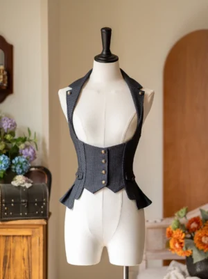 Classic lolita striped vest charcoal black front view on mannequin with notched lapel collar and asymmetrical peplum hem