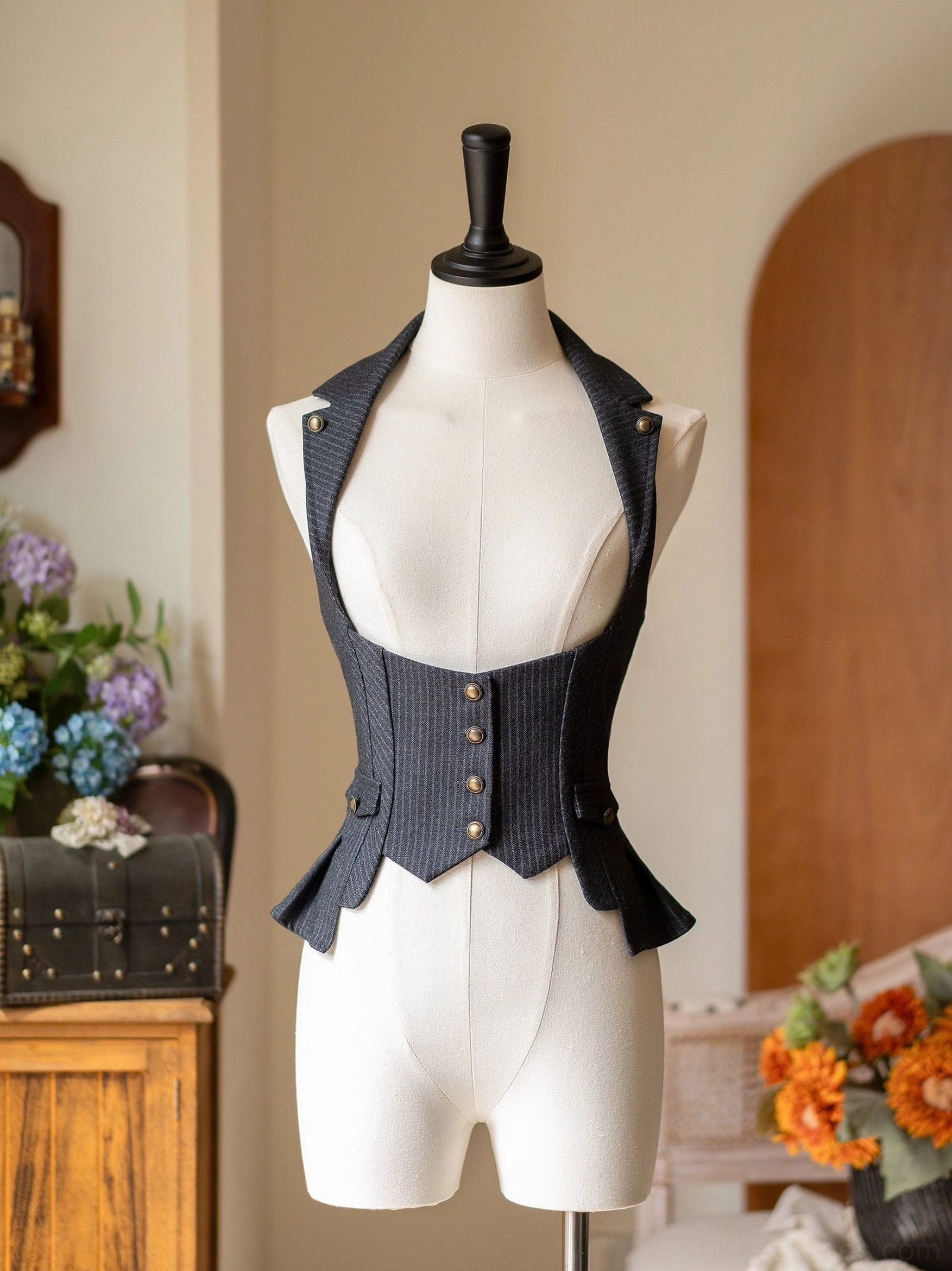 Classic lolita striped vest charcoal black front view on mannequin with notched lapel collar and asymmetrical peplum hem