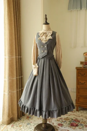 Classic lolita striped vest skirt blouse ensemble in grey-blue vertical pinstripe on full front mannequin display