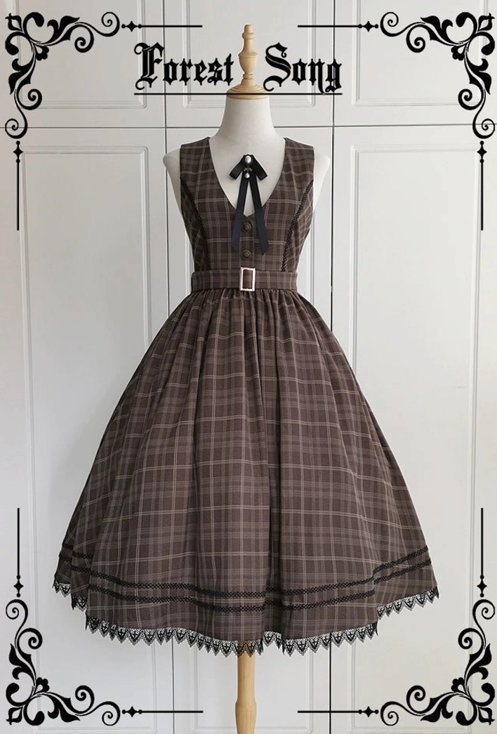 Classic lolita jumper skirt dress front view v-neckline waist belt with buckle tartan plaid pattern on mannequin display