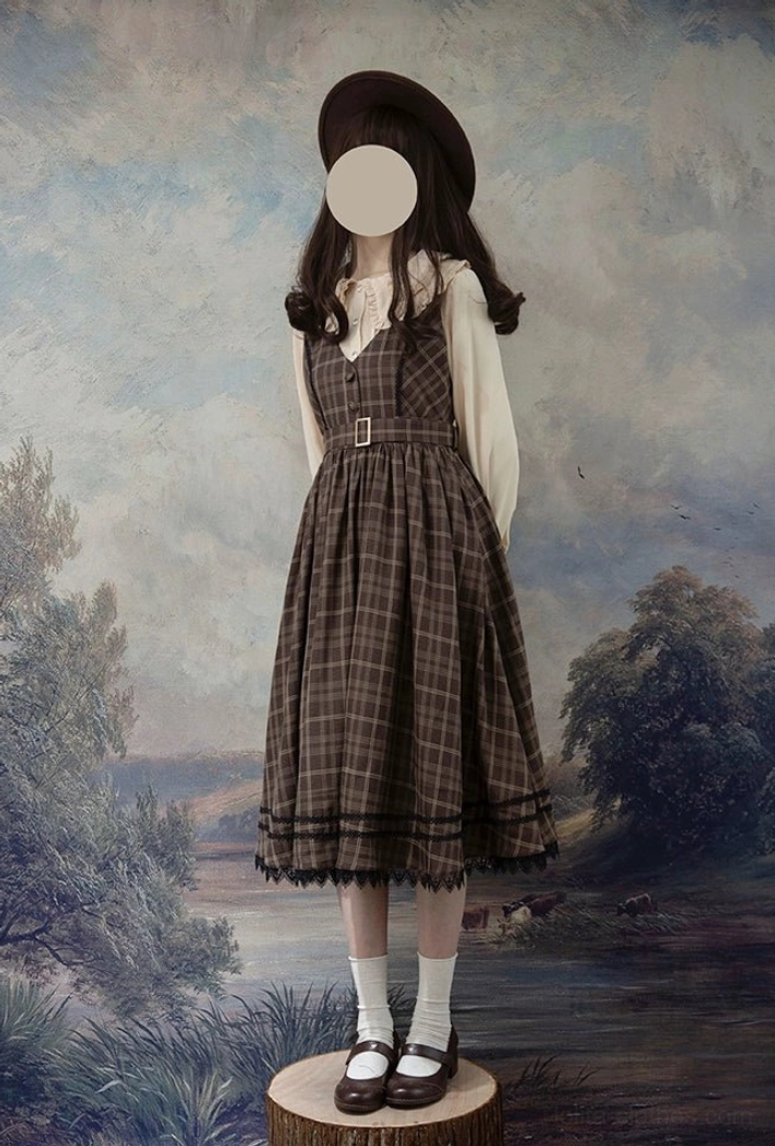 Classic lolita tartan jumper dress with blouse front view full body on model vintage oil painting backdrop v-neck sleeveless waist belt lace trim