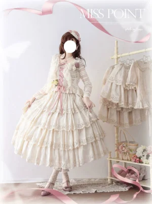 Classic lolita tiered embroidered skirt full-body front three-quarter studio view cream off-white pink lace trim multi-layer ruffled romantic dress