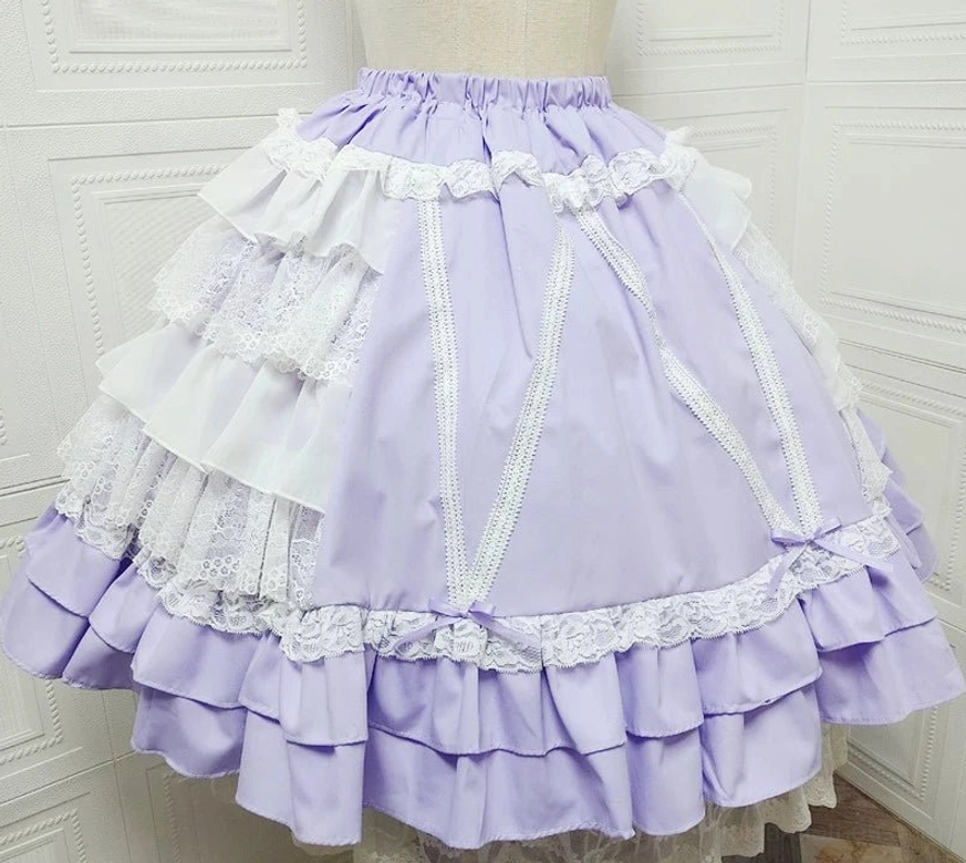 Light purple solid Lolita tiered skirt white lace chiffon cross ribbon decorations elastic waist