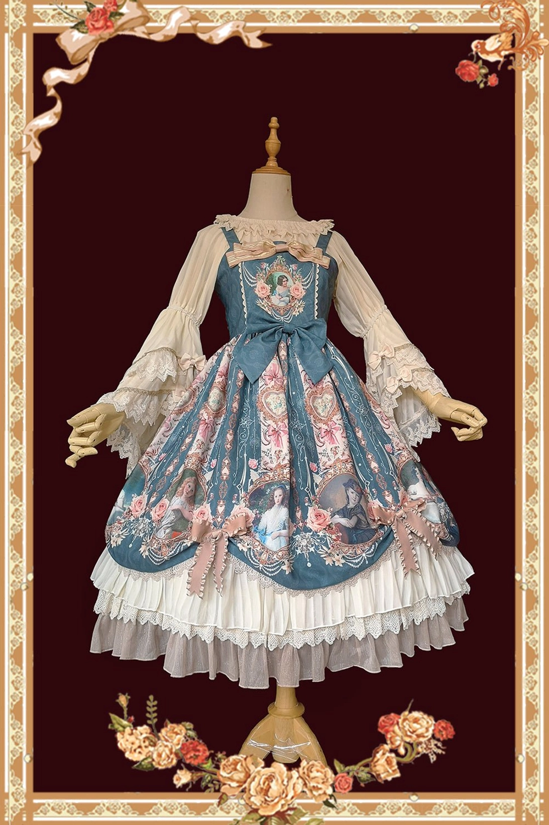 Classic lolita coordination white ruffled long-sleeve blouse matching blue-green vintage portrait jumperskirt two-piece set