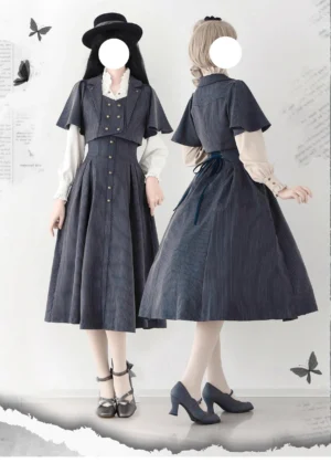 Classic lolita two-piece suit back and front dual view navy white ruffled blouse pleated midi skirt short cape waistcoat