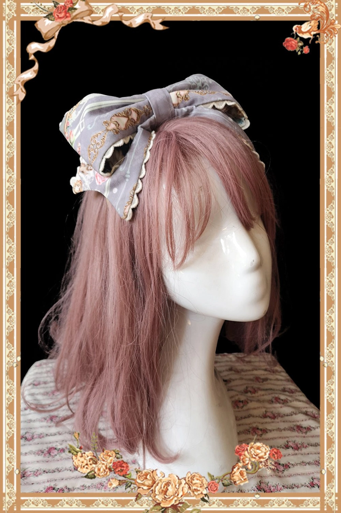 Classic lolita matching hair bow headband accessory vintage portrait print big bow shape cream ruffled edge trim black background