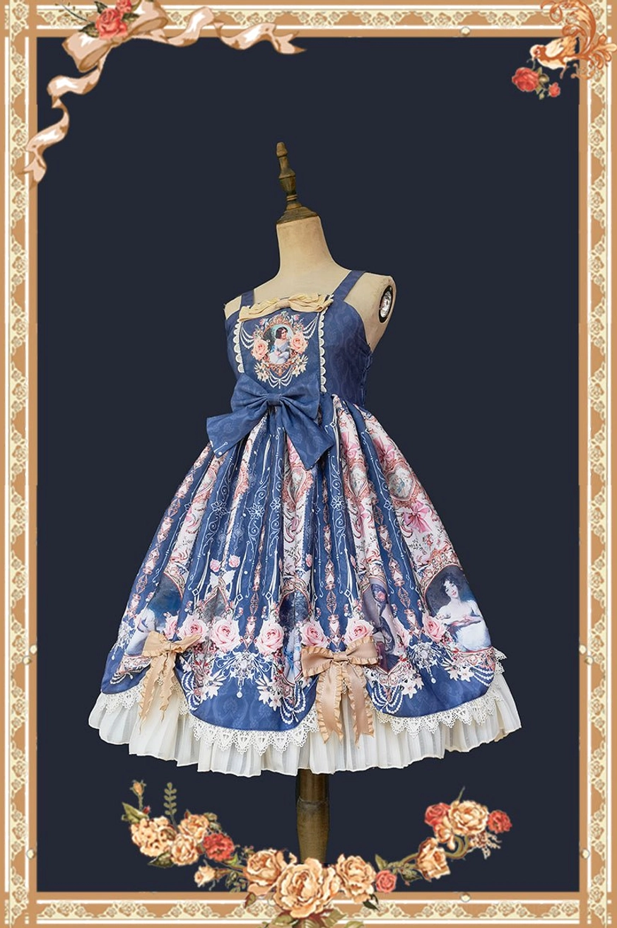 Classic lolita jumper skirt back view design back shirring adjustable stretch vintage portrait print hem detail