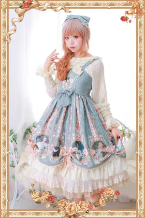 Classic lolita vintage portrait jumper skirt front three-quarter view dusty blue bodice cream tiered ruffle hem large waist bow
