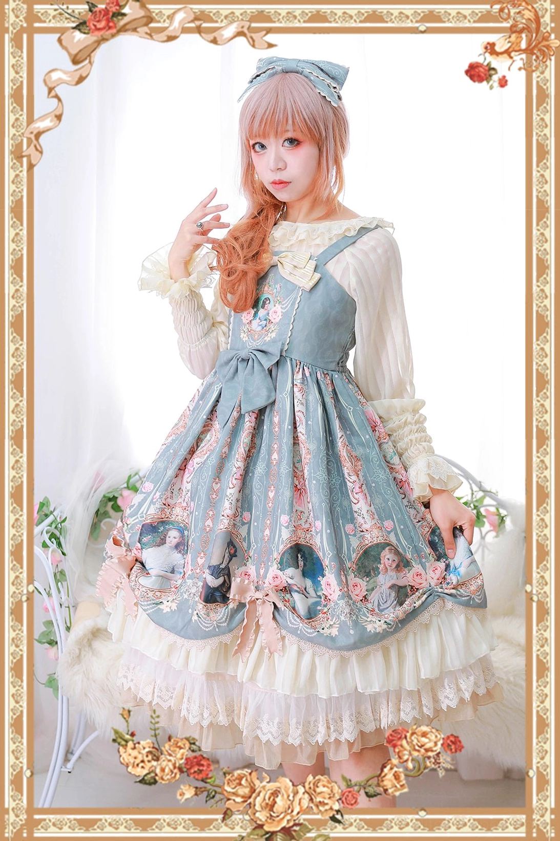 Classic lolita vintage portrait jumper skirt front three-quarter view dusty blue bodice cream tiered ruffle hem large waist bow
