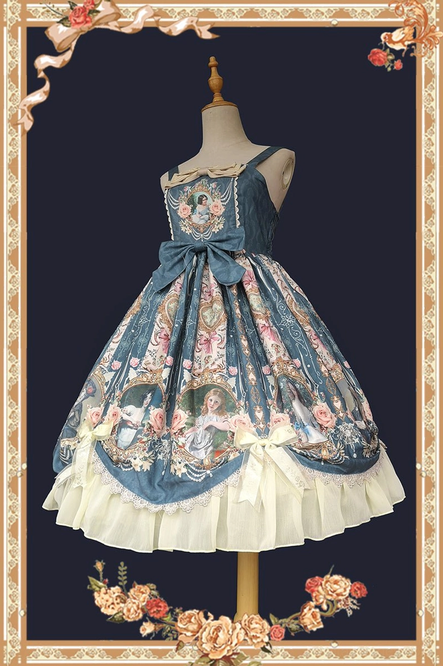 Classic lolita jumper skirt three-quarter mannequin view central front bow printed bodice and skirt cream tiered ruffle hem