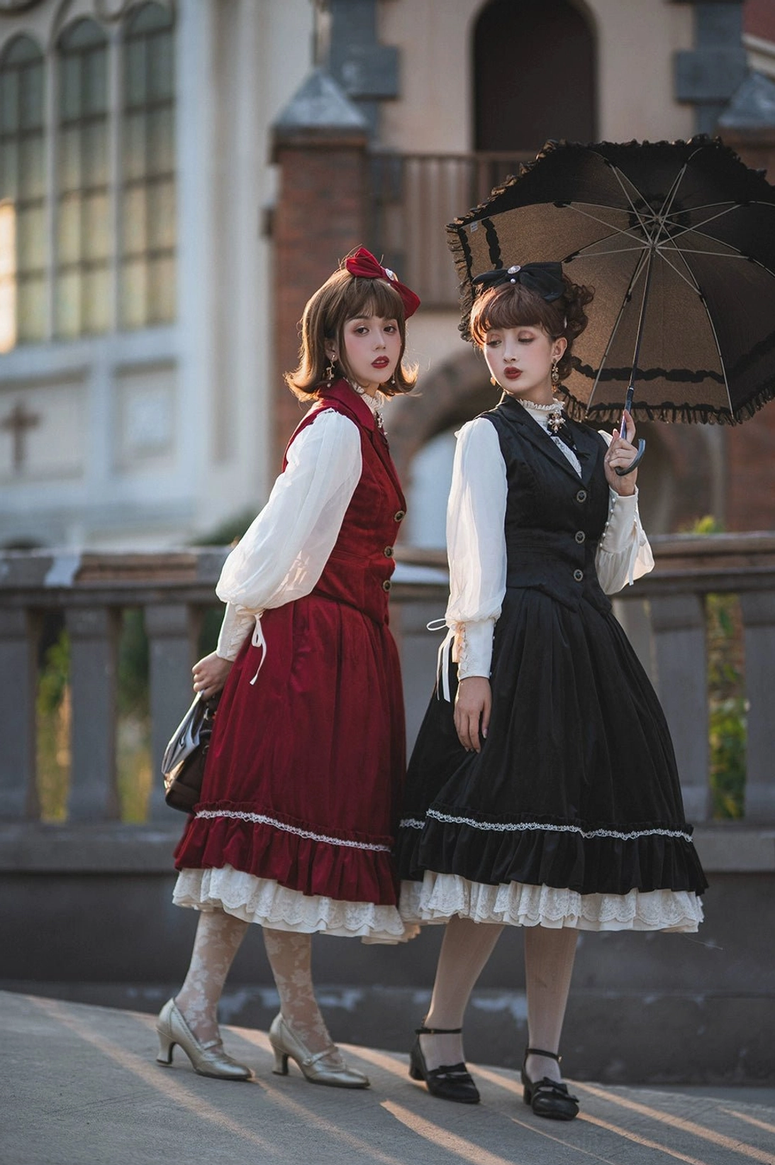Classic lolita waistcoat and skirt suit on european balcony with umbrella and leather shoes