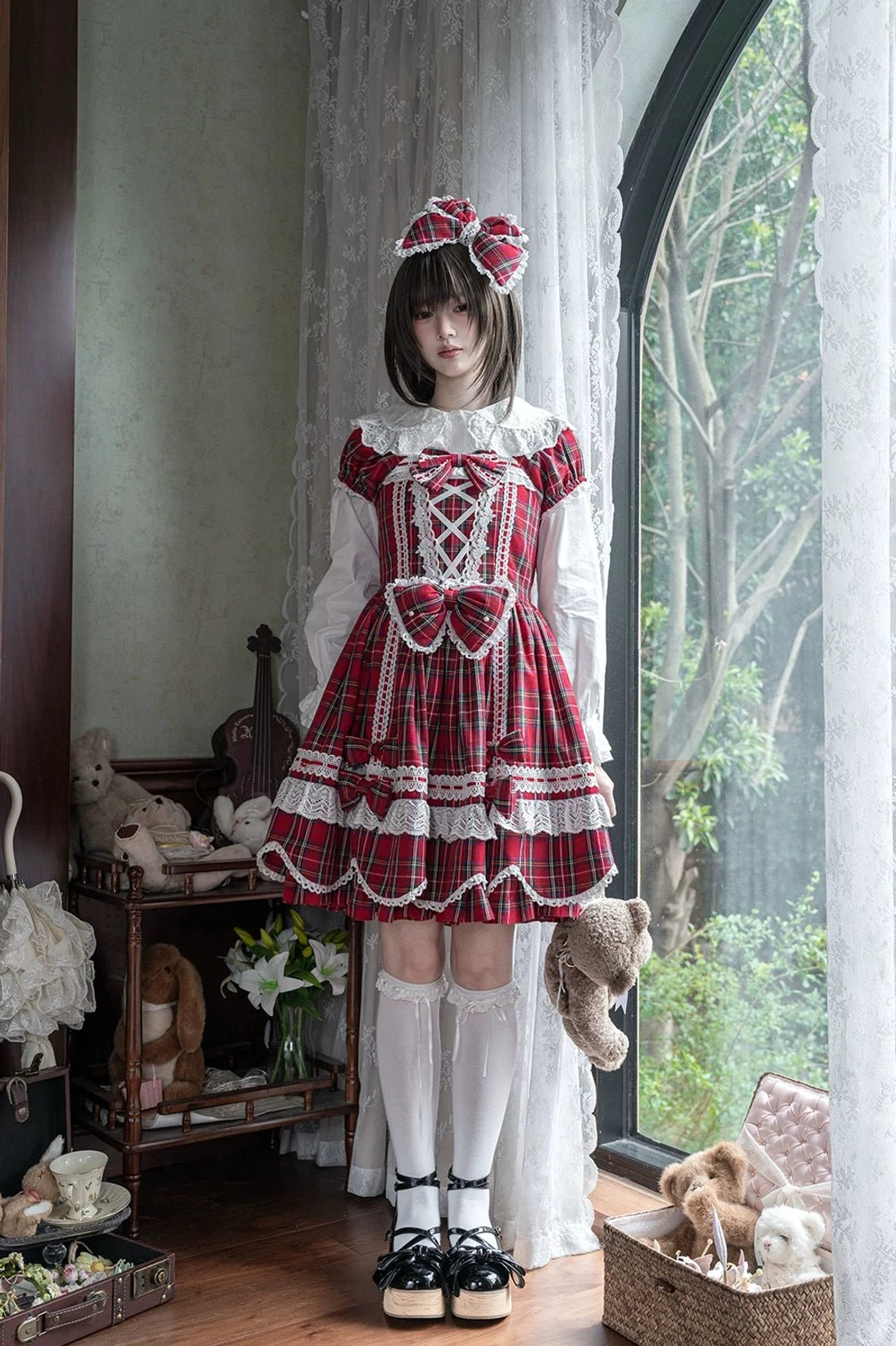 Classic Old School plaid lolita one-piece dress on dress form showing structured silhouette, neckline construction, and sleeve proportion