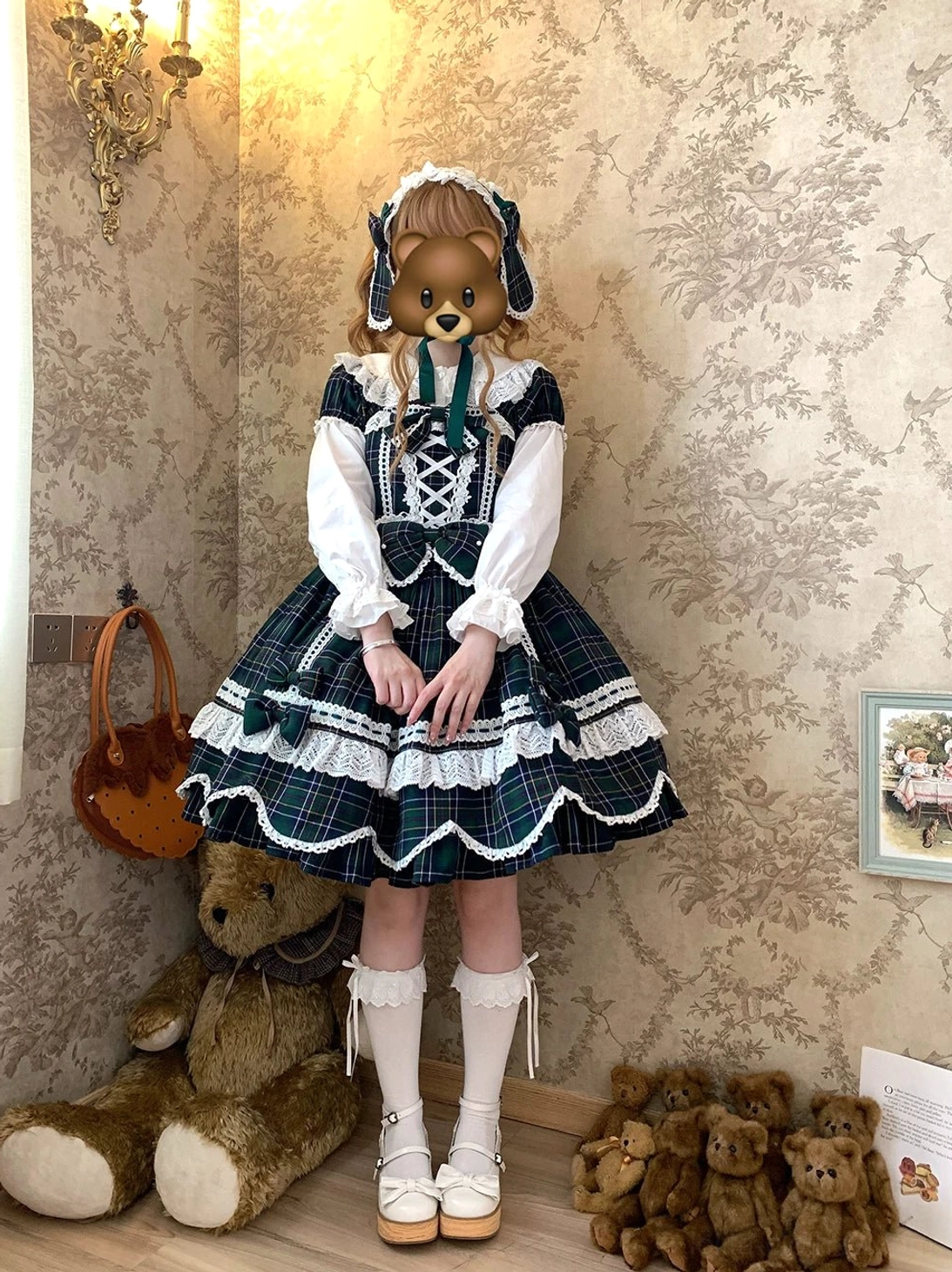 Classic Old School plaid lolita one-piece dress front three-quarter view showing dress form display and design proportions