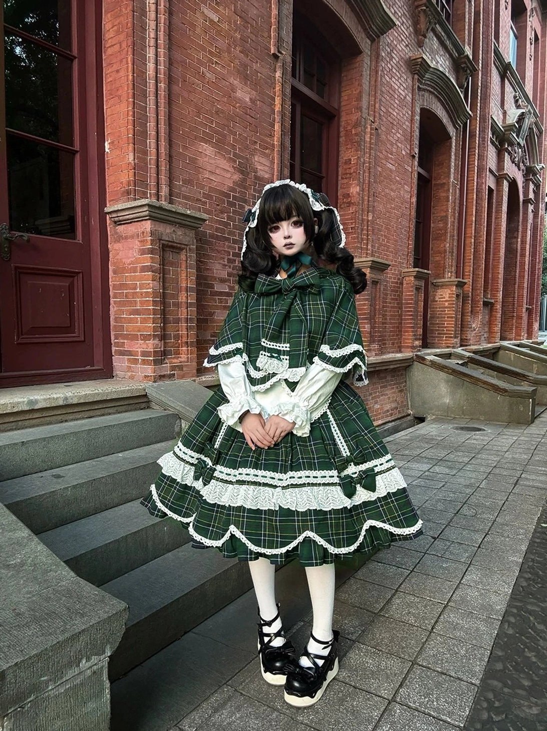 Classic Old School plaid lolita OP dress model full view demonstrating complete aesthetic, fit quality, and styling appeal