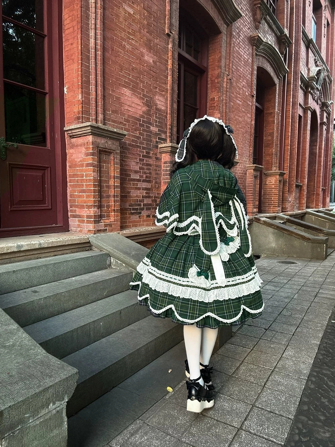 Classic Old School plaid lolita OP dress side profile showing curved silhouette, hem proportion, and design profile view