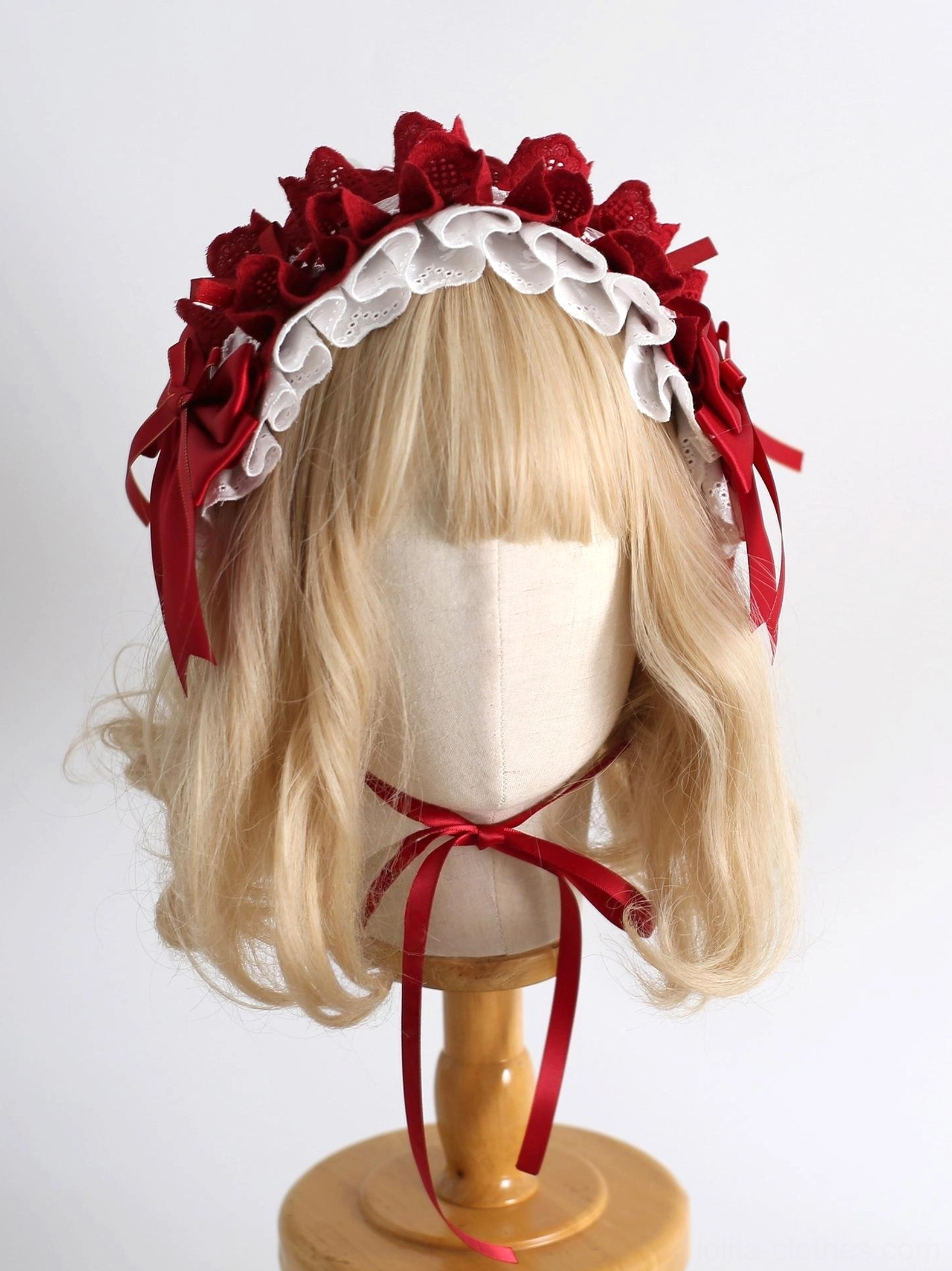 Classic ruffled lolita headband KC with multi-layer red lace, white scalloped edges, and detachable neck ribbon bow shown on blonde wig with coordination strap