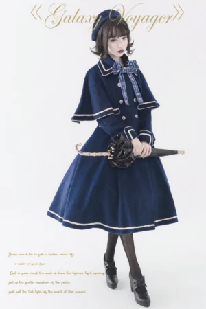Classic school lolita wool overcoat with detachable cape navy blue full front model view elegant A-line silhouette