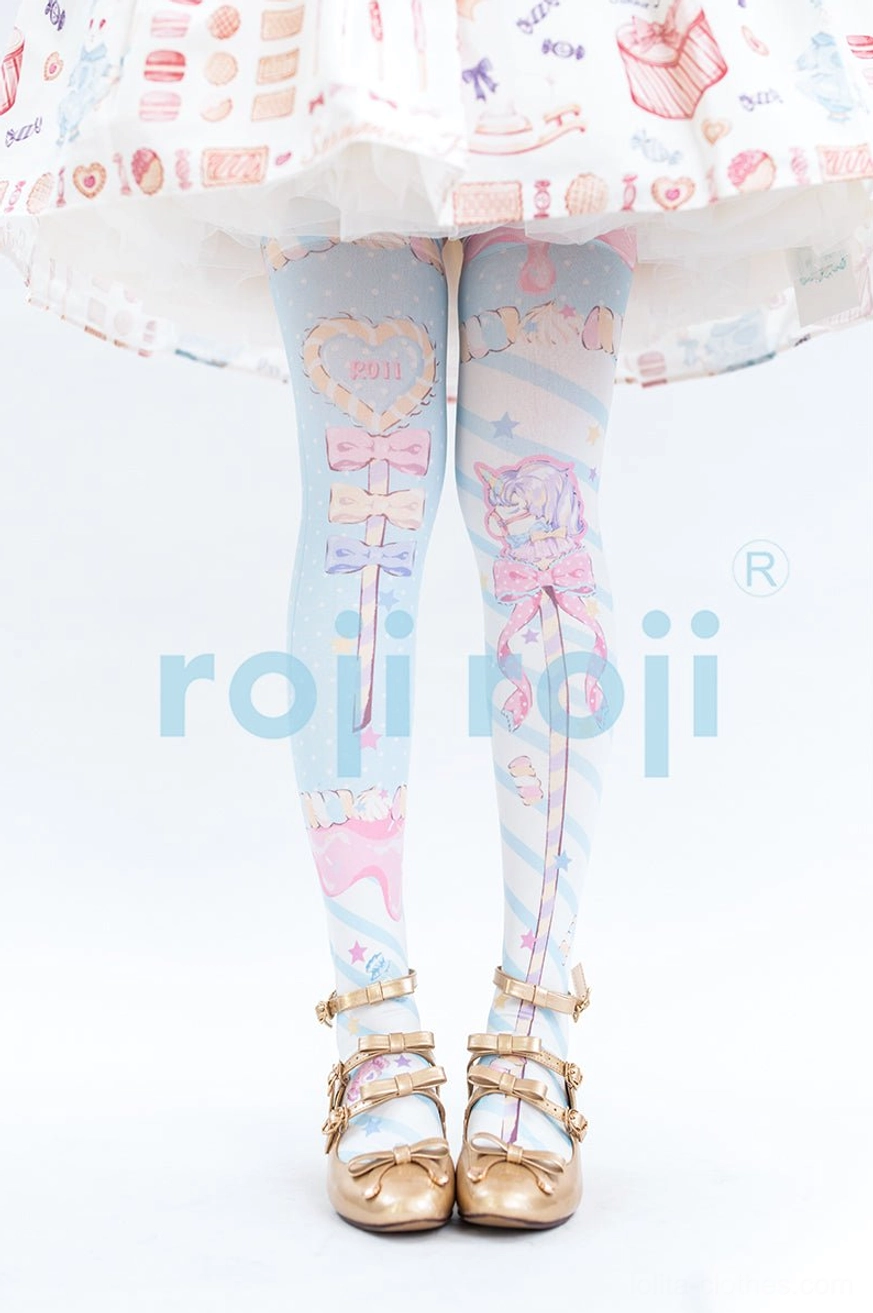 Classic sweet Lolita footed stockings pastel design with bow heart and cartoon girl prints full skirt view coordinate