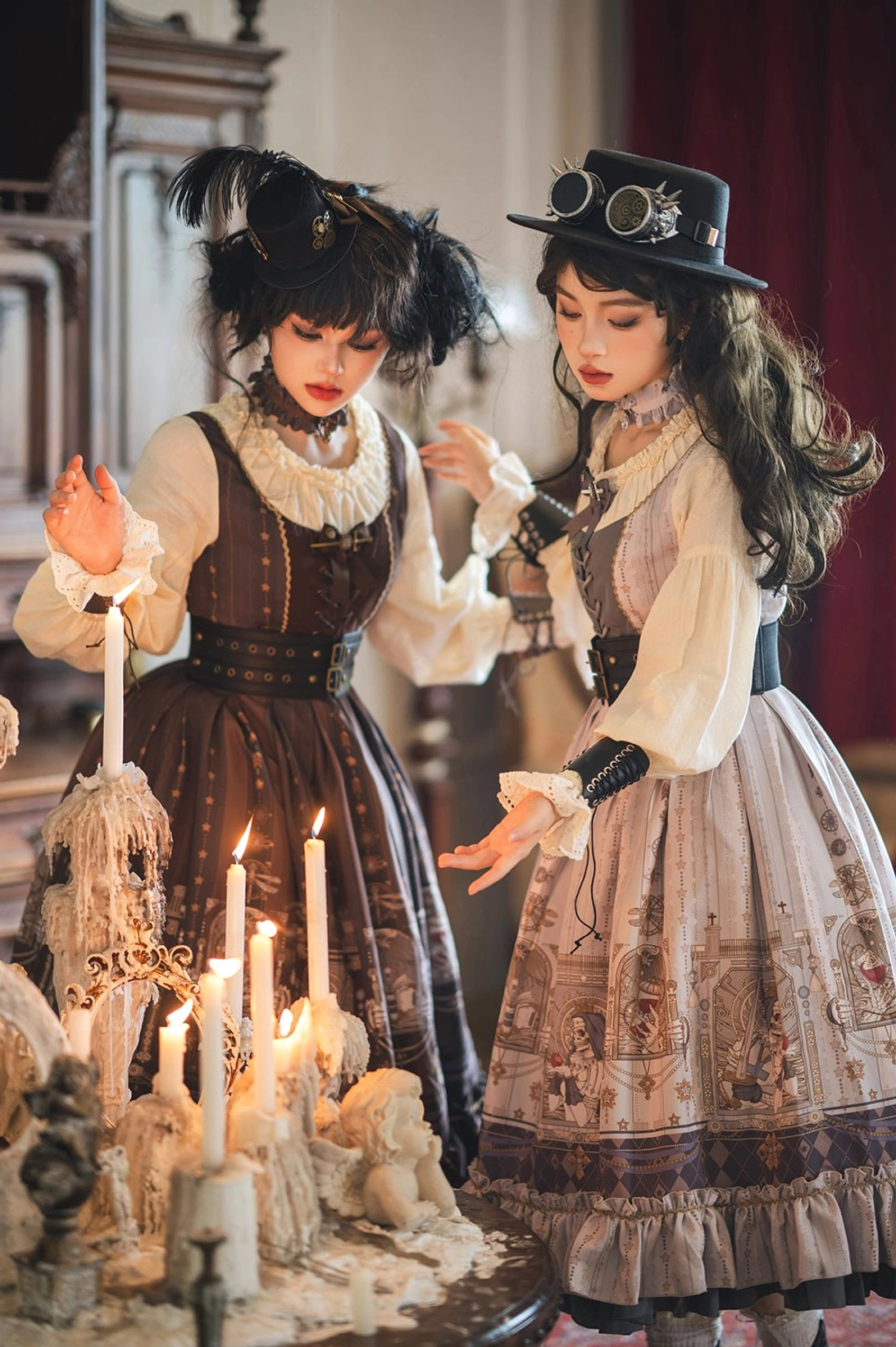 Classic vintage Lolita coordinate sets two models vintage candle table side shot ruffled blouses matching hair accessories