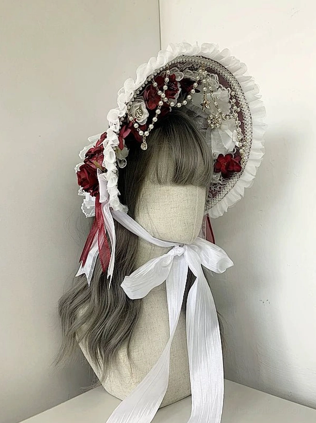 Classic white lolita lace bonnet with pearl and floral ornaments large white satin neck bow front three quarter