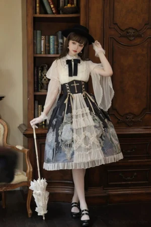 Clock Butterfly Gothic Lolita printed blouse and corset skirt set worn by model in vintage study setting, featuring black bow tie and beige mesh lace sleeves