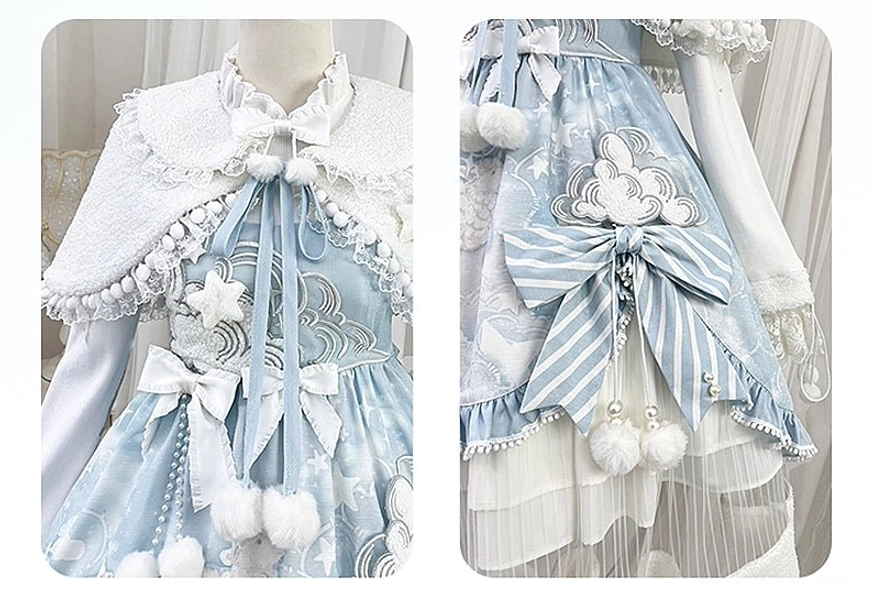 Close-up dual view detail shots of Cloudscape Dream fleece cape and JSK waist, fleece wool cape with pom-pom trim and cloud embroidery applique, striped satin waist bow, fuzzy pom-pom hangings, ruffled hem