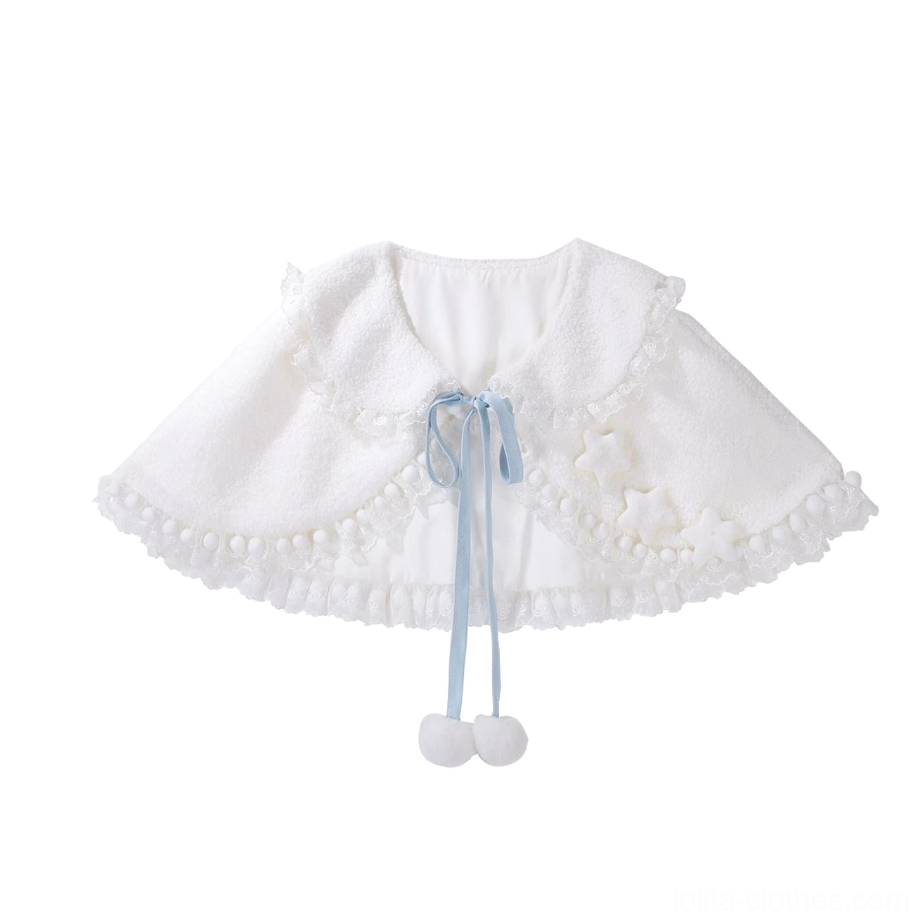 Cloudscape Dream fleece cape standalone product shot, soft teddy fleece material with ruffled lace trim and pom-pom edge detailing, cloud-themed cozy outer layer piece