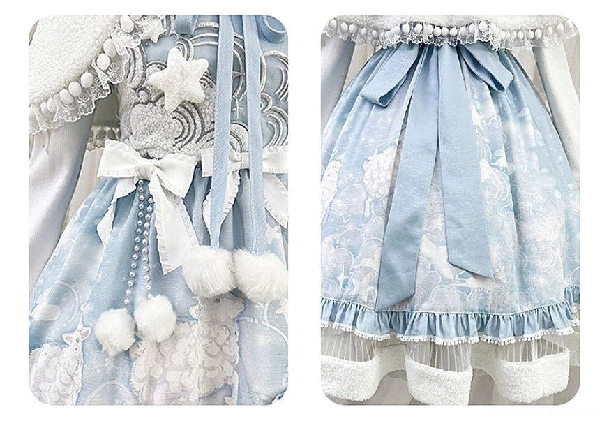 Close-up dual view detail shots of Cloudscape Dream JSK front decoration and skirt hem, star and cloud embroidery, white satin bow, pearl chain ornaments, pom-pom accents, ruffled tulle hem with fleece fuzzy trim