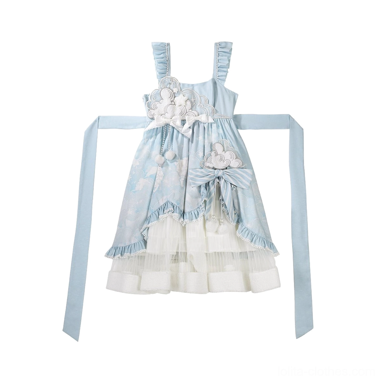 Sleeveless Cloudscape Dream sweet lolita JSK jumper skirt flat lay display, baby blue and off-white cloud print fabric, layered ruffled hem, long detachable waist sash, chest floral embroidery detail
