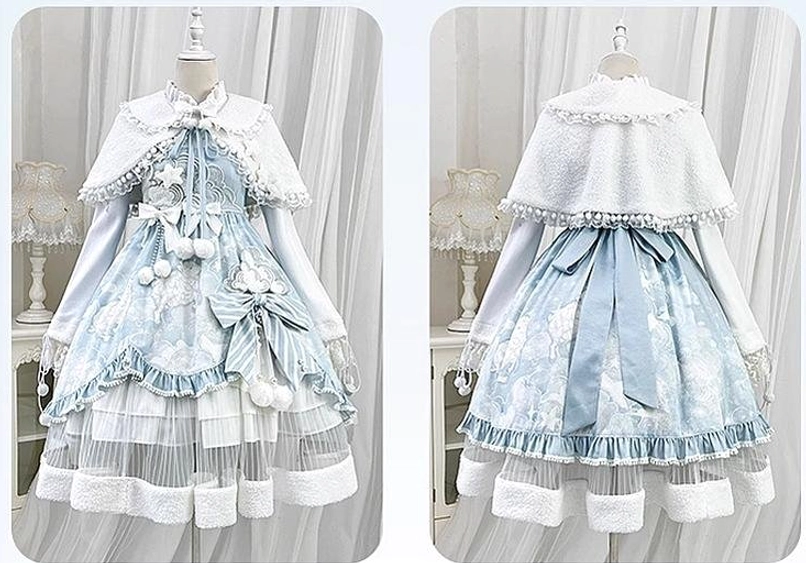 Mannequin studio display of Cloudscape Dream sweet lolita full suit, matching fleece cape with ruffled trim, layered tulle skirt, cloud print fabric, satin waist bow, official product showcase