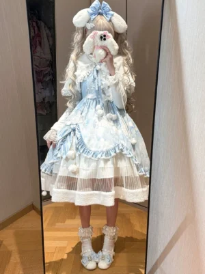Complete Cloudscape Dream lolita outfit set back view, model wearing full JSK suit with fleece cape, sheer tulle underlayer, ruffled hem trim, fuzzy socks and bow shoes, rear mirror display