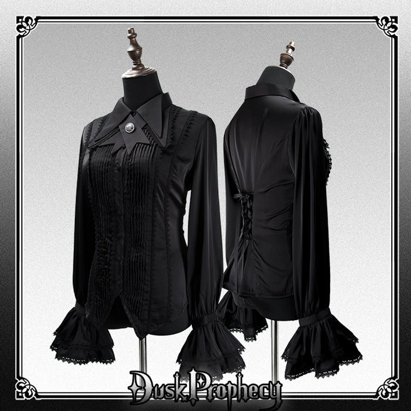 Coccyx lolita blouse front and back display black satin back corset lace-up design lace-trimmed bell cuffs gothic style