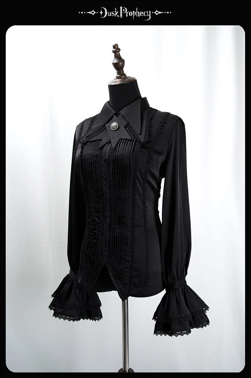 Coccyx lolita blouse front view black satin slim tailored silhouette lace-trimmed bell sleeves classic gothic lolita