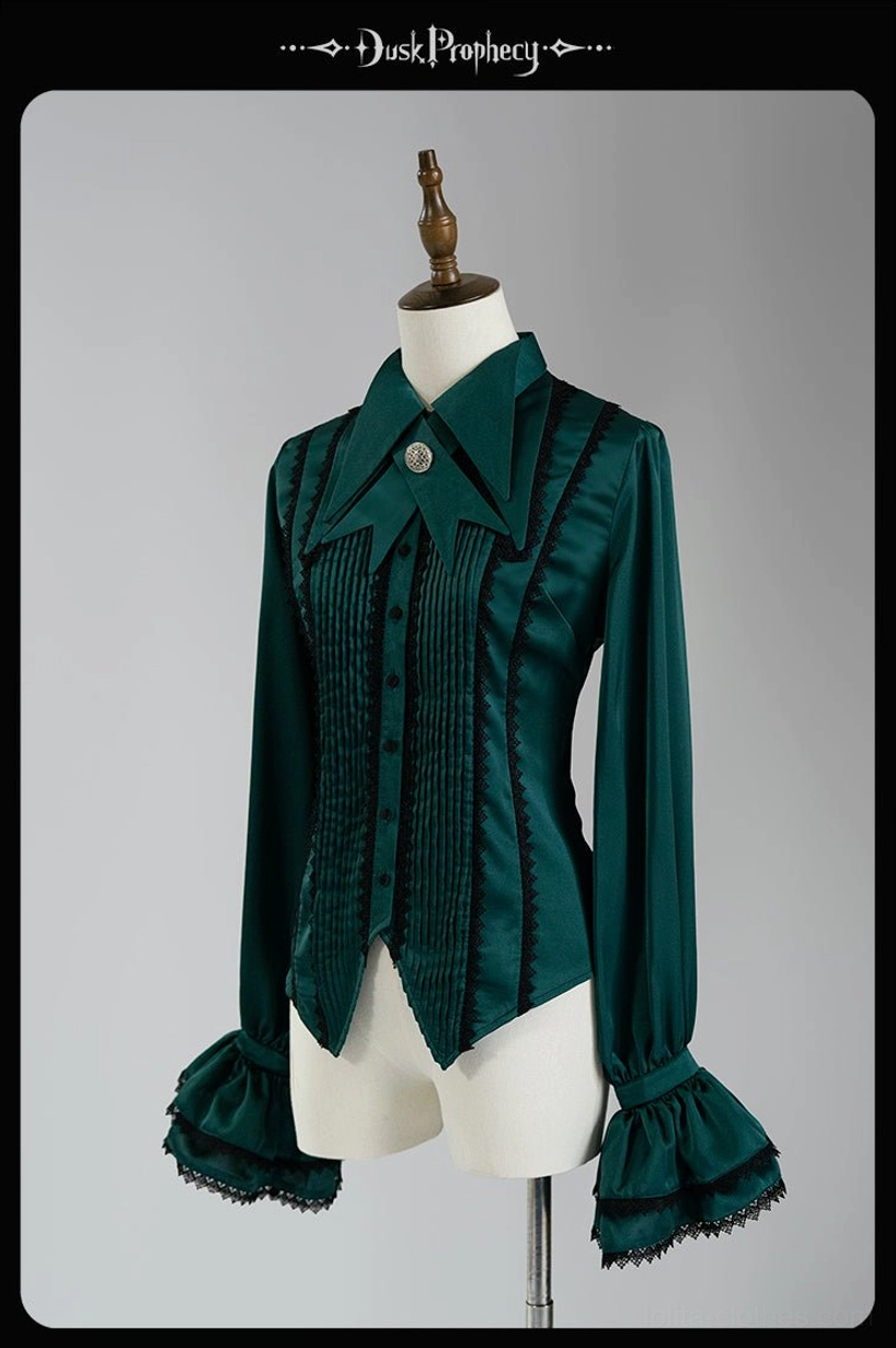 Coccyx lolita blouse green satin front three-quarter angle black lace embellishments bell sleeves detachable matching bow tie