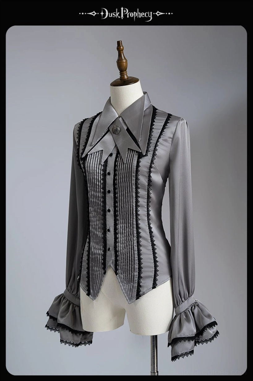 Coccyx lolita blouse grey satin side front angle tailored slim fit matching lace trims curved asymmetrical hem gothic aesthetic