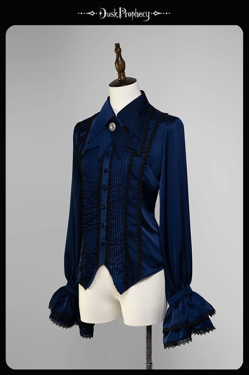 Coccyx lolita blouse navy blue satin matching black lace asymmetrical hemline curved hem front three-quarter view elegant
